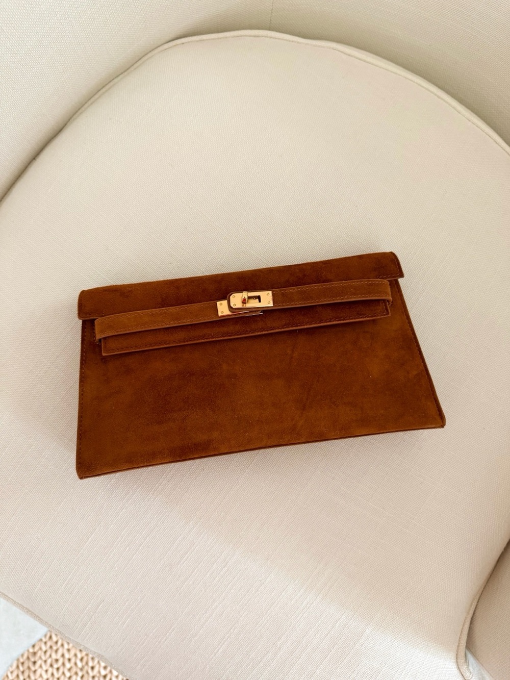 Brown Suede Leather Clutch with Gold-Tone Hardware